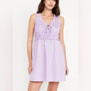 Old Navy Lavender Sleeveless Dress Ruched Pinstripe Elastic Waist Fit & Flare